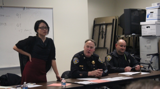 Supervisor Jane Kim and Captain Joseph Garrity listen to a levy of concerns from residents on public safety and crime displacement in the Tenderloin Community Meeting held Monday. 